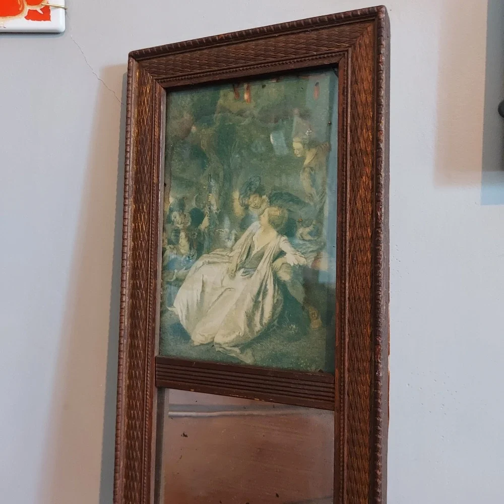 Antique Trumeau Wall Mirror Carved Wood Frame Romantic Scene Print 27x6.5in